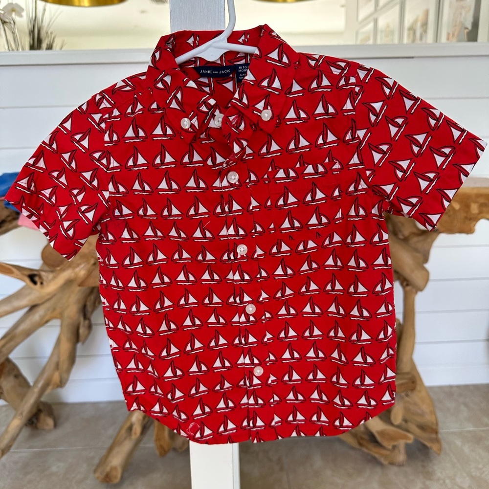Janie and Jack buttons down shirt sailboats pattern boys size 18 - 24 months